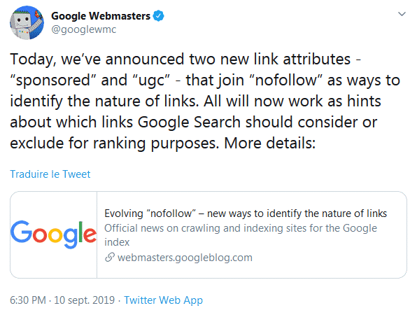 Annonce mise à jour des attributs de liens Google