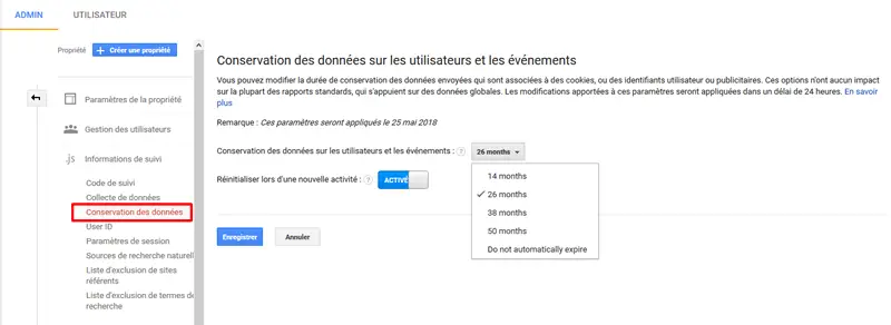 Conservation des données analytics